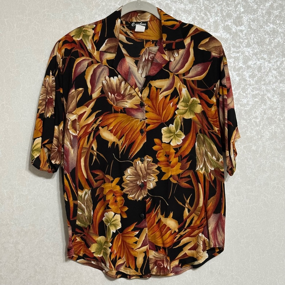 Caribou NY Floral Leaf Button Up Canp Shirt 100% Rayon Tropical Vintage Black M